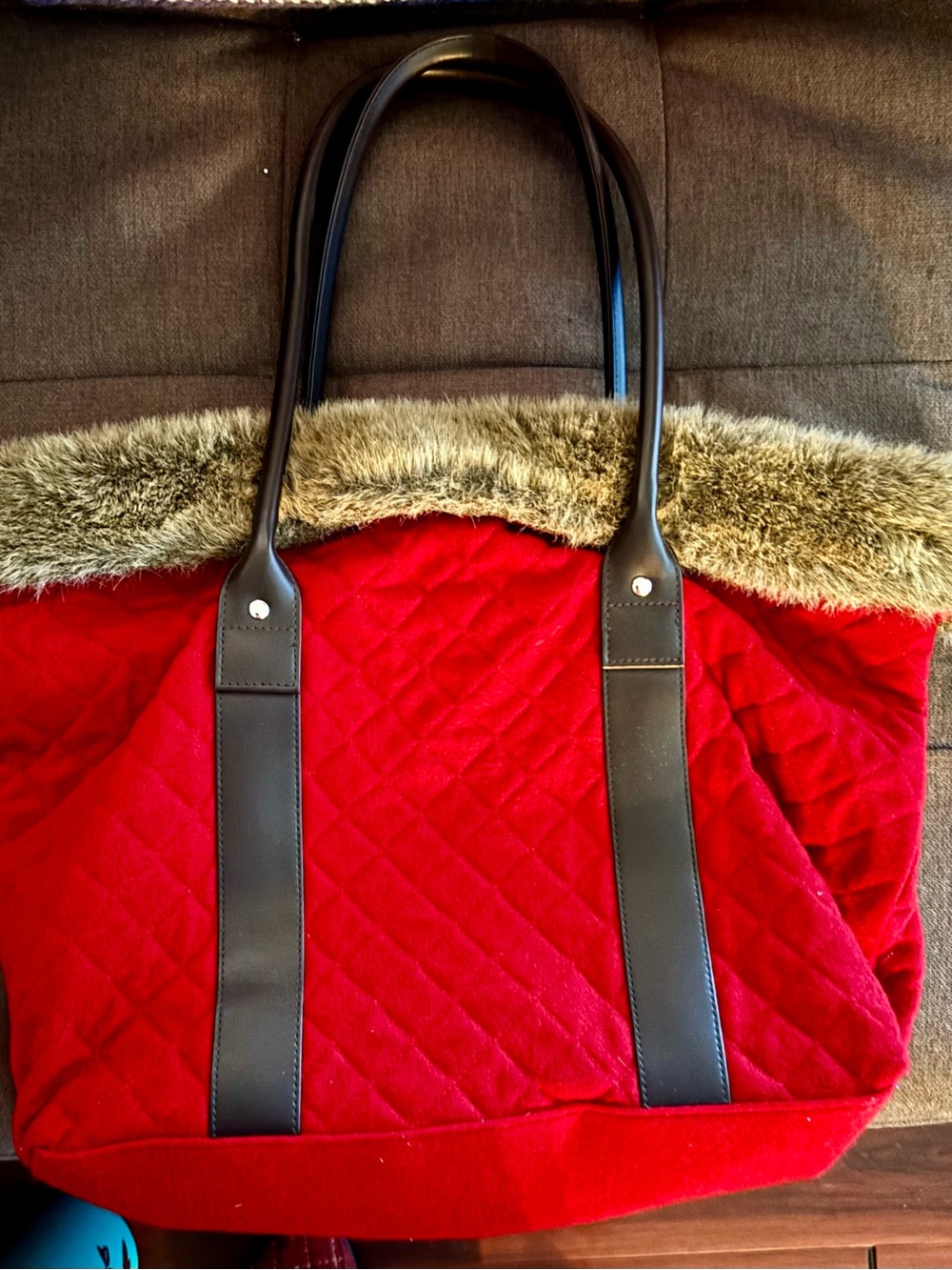 Bath & Bodywork red Corduroy Tote with Faux Fur Trim